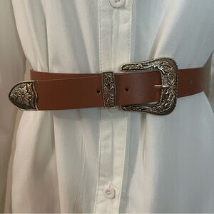 Brown PU leather gold tone buckle skinny belt